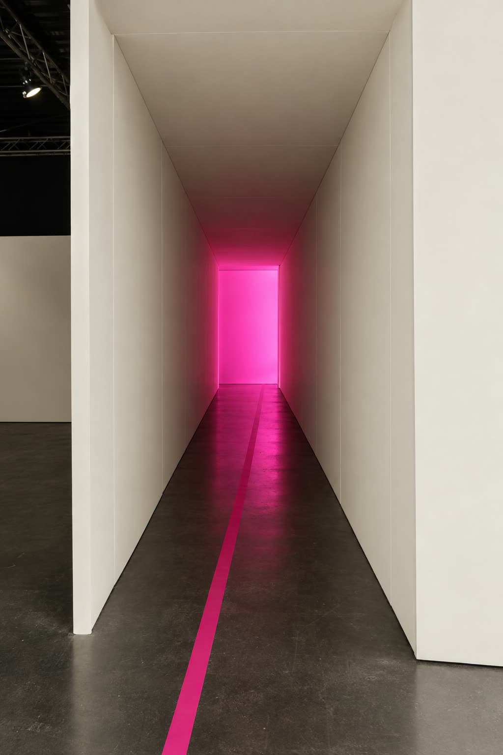 Schmaler weißer Gang, an dessen Ende pinkes Licht leuchtet, eine pinke Linie führt hinein