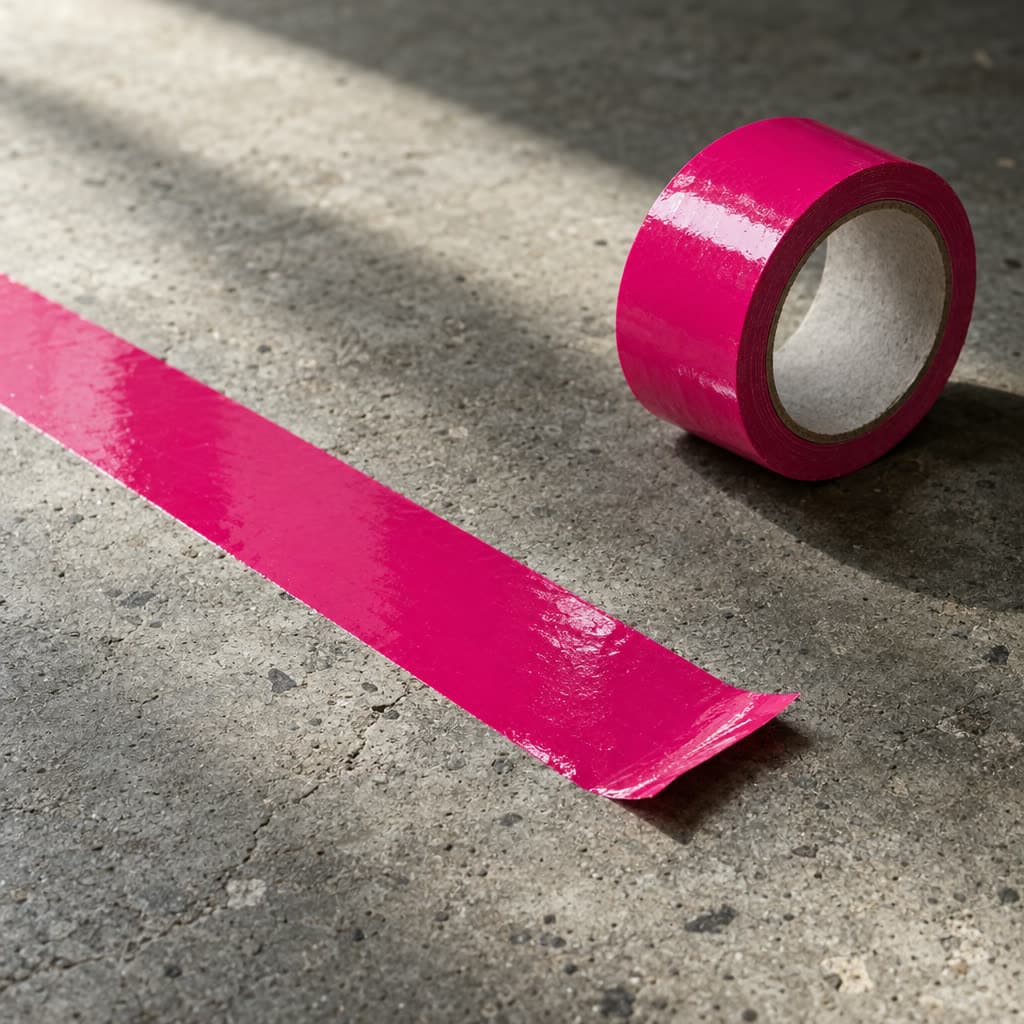 Rolle pinkes Klebeband auf Betonboden, ein Streifen ist abgerollt