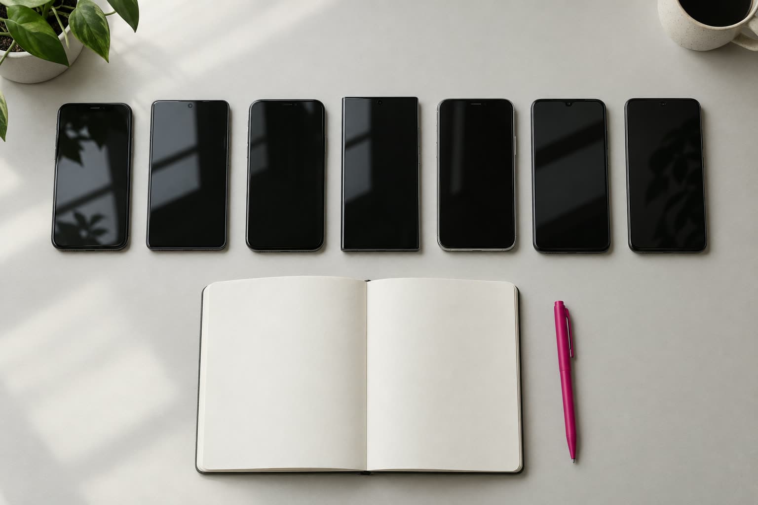 Sieben Smartphones in einer Reihe, darunter ein offenes Notizbuch und ein pinker Stift