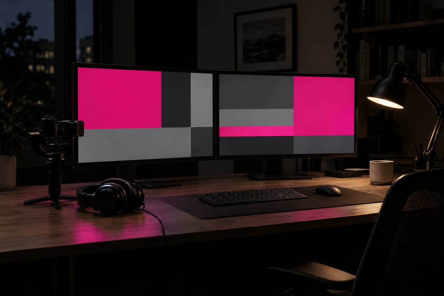 Schnittplatz am Abend mit zwei Monitoren in Pink und Grau