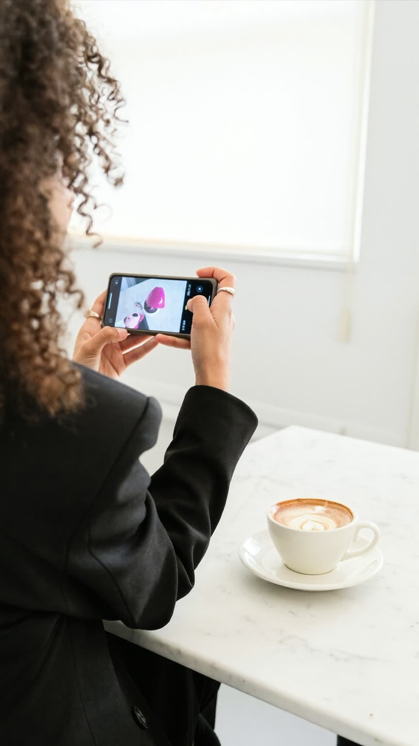 Influencerin filmt im Café ihren Latte Macchiato für ein Reel
