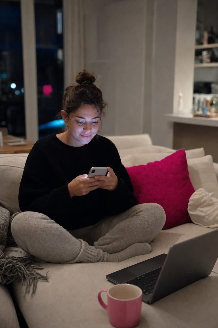 Frau auf dem Sofa beantwortet Kommentare auf ihrem Smartphone
