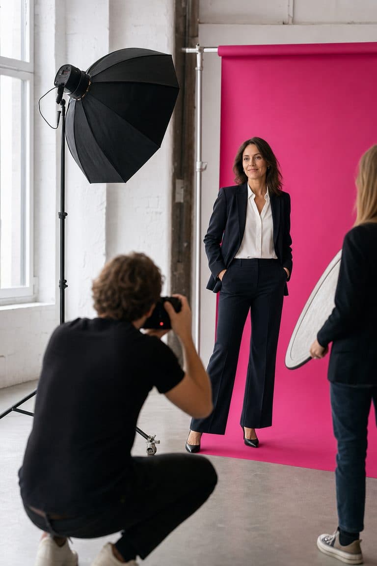 Fotograf fotografiert eine Geschäftsfrau vor pinkem Hintergrund im Studio