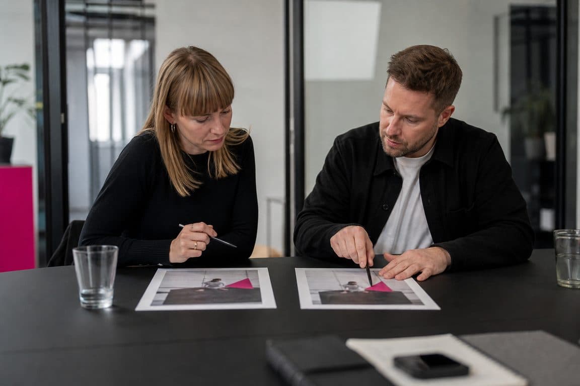 Marketingleiterin und Berater vergleichen zwei ausgedruckte Anzeigenvarianten