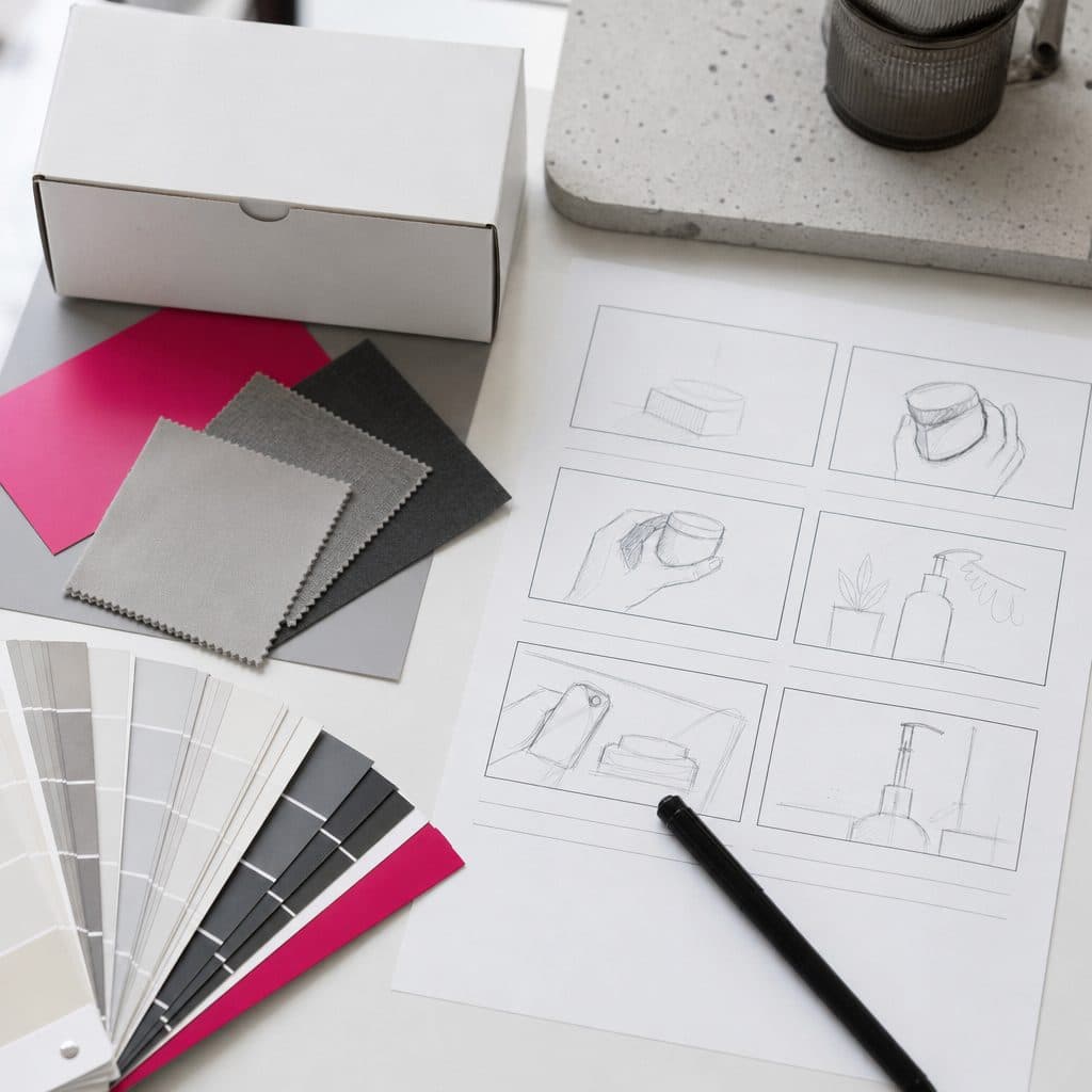 Produktkarton, Farbmuster und skizziertes Storyboard für einen Anzeigen-Dreh