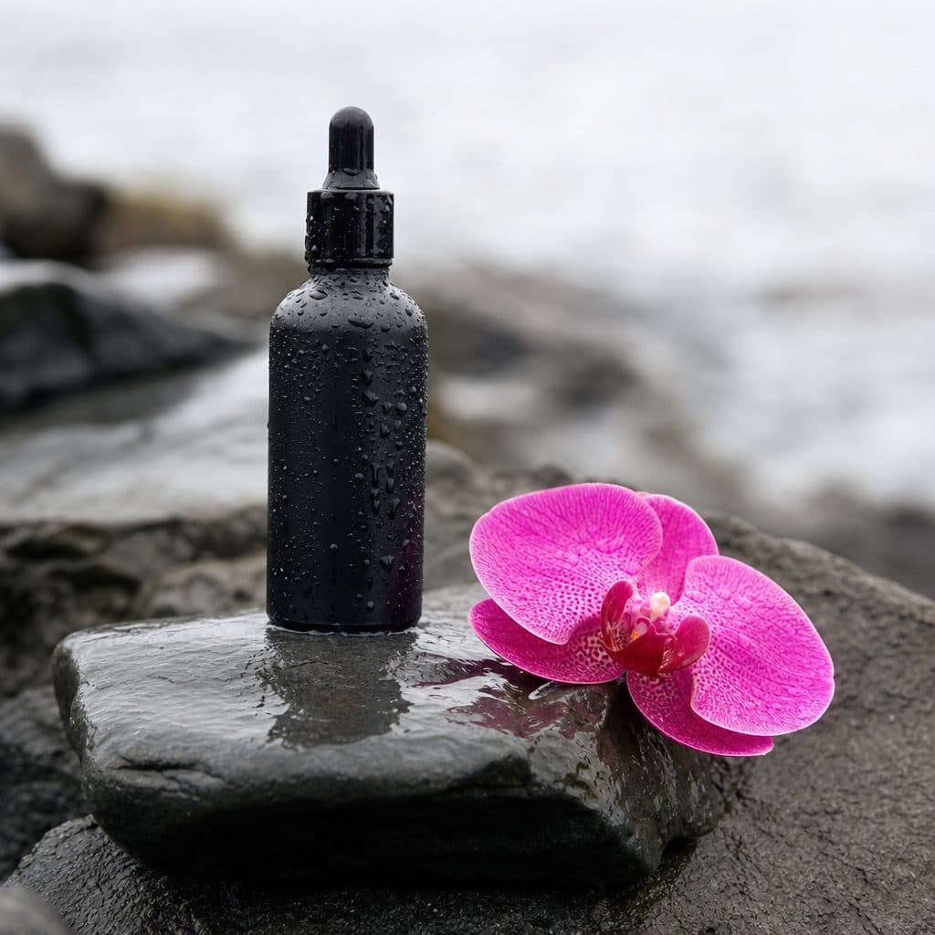 Pflegeprodukt auf nassem Stein mit Wassertropfen und pinker Orchidee