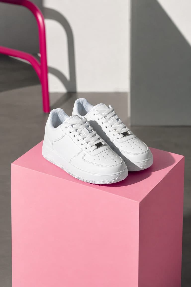Weiße Sneaker auf einem pinken Sockel im Studiolicht