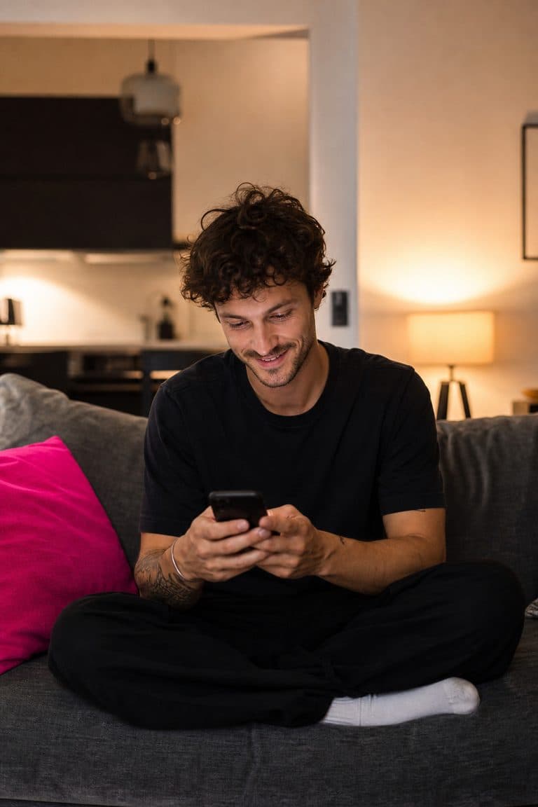 Junger Mann beantwortet abends auf dem Sofa Nachrichten am Handy