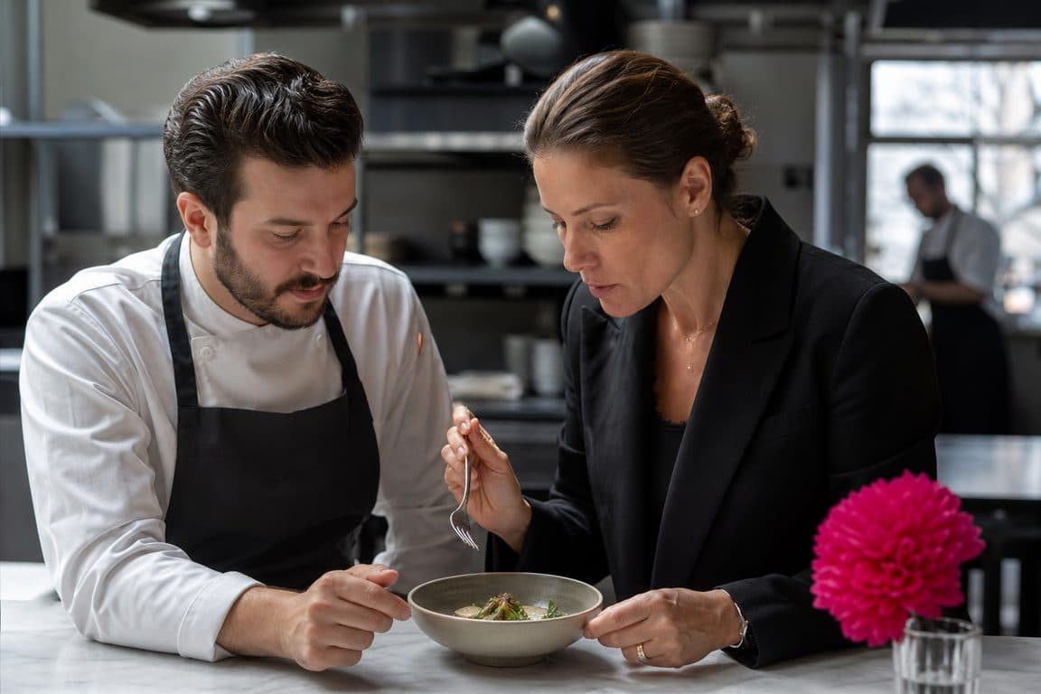 Restaurantbesitzerin probiert vor dem Service ein neues Gericht mit dem Koch