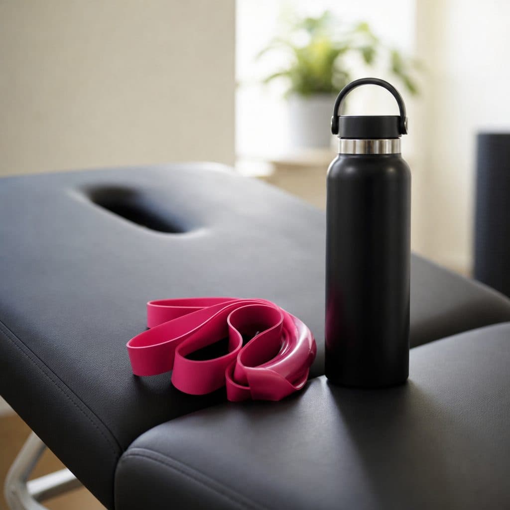 Fitnessbänder und Wasserflasche auf einer Behandlungsliege
