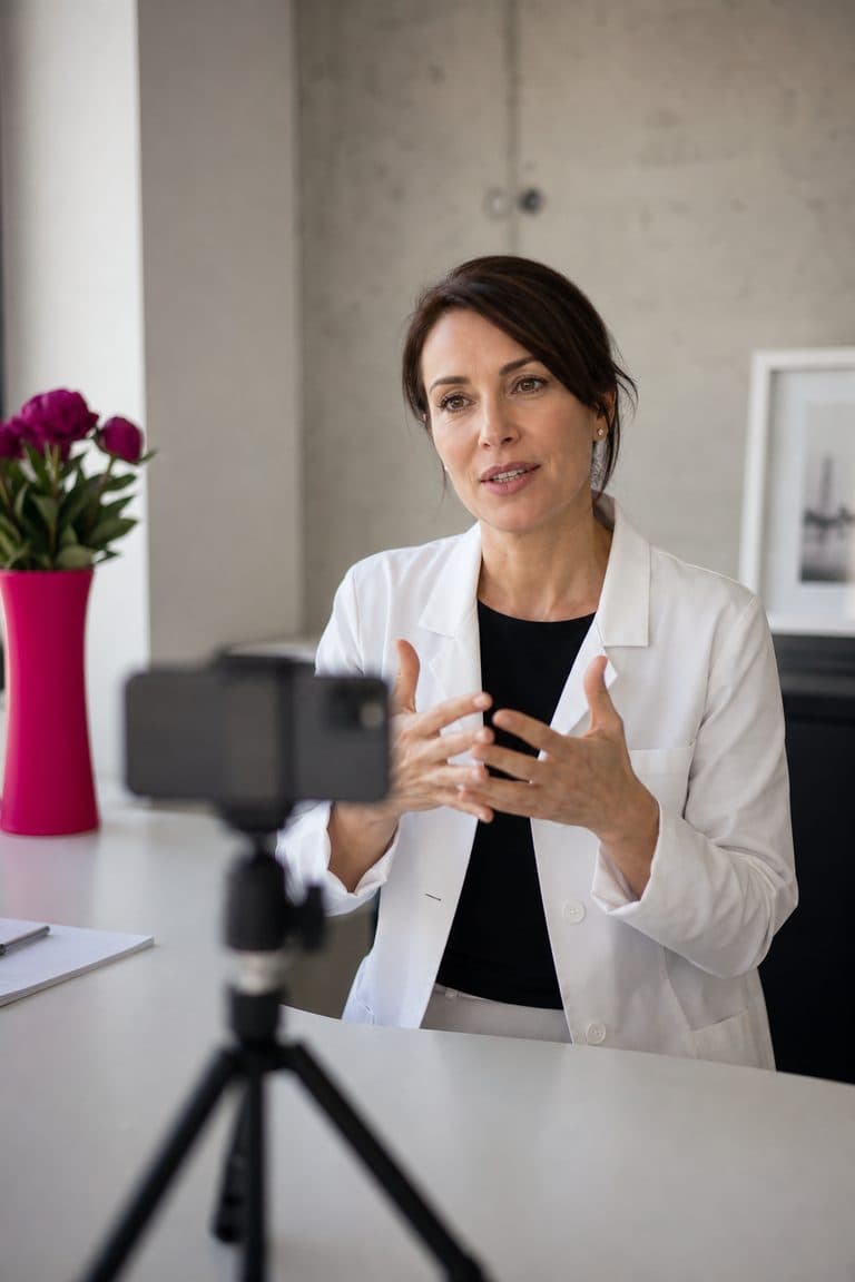 Ärztin nimmt in ihrem Sprechzimmer ein kurzes Erklärvideo auf
