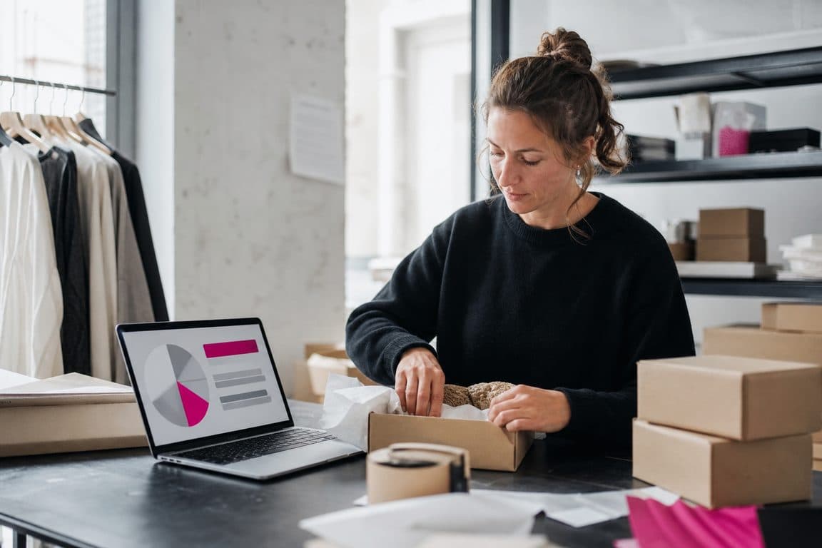 Shop-Inhaberin packt Bestellungen, daneben ein Laptop mit Anzeigen-Übersicht