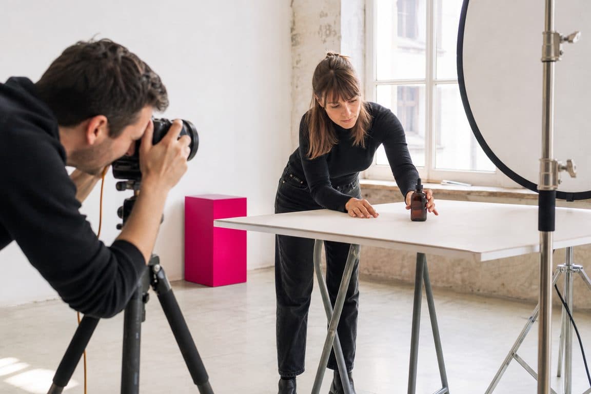 Kleiner Produktdreh im Loft: Stativ, Reflektor und Stylistin richtet eine Flasche