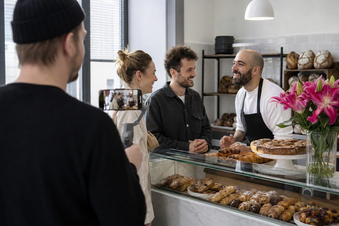 Bäckerin plaudert mit Stammgästen an der Theke, ein Handy filmt mit