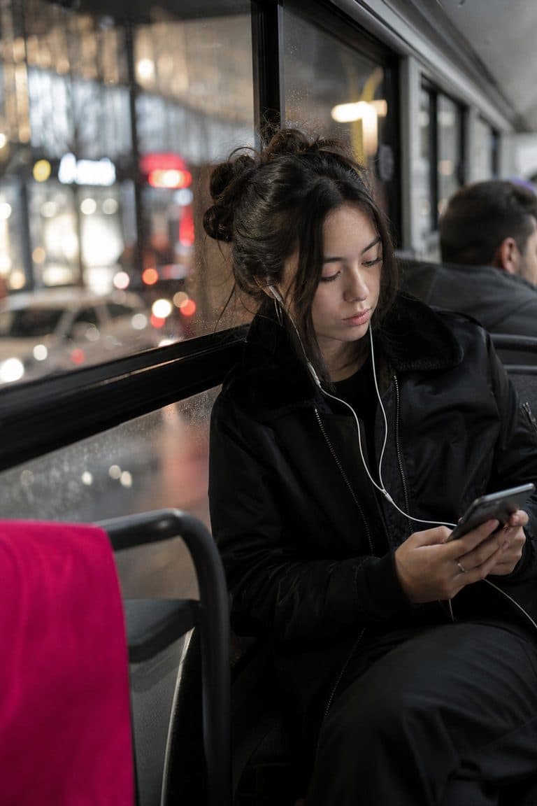 Jugendliche scrollt im Bus auf dem Handy, draußen Lichter der Stadt