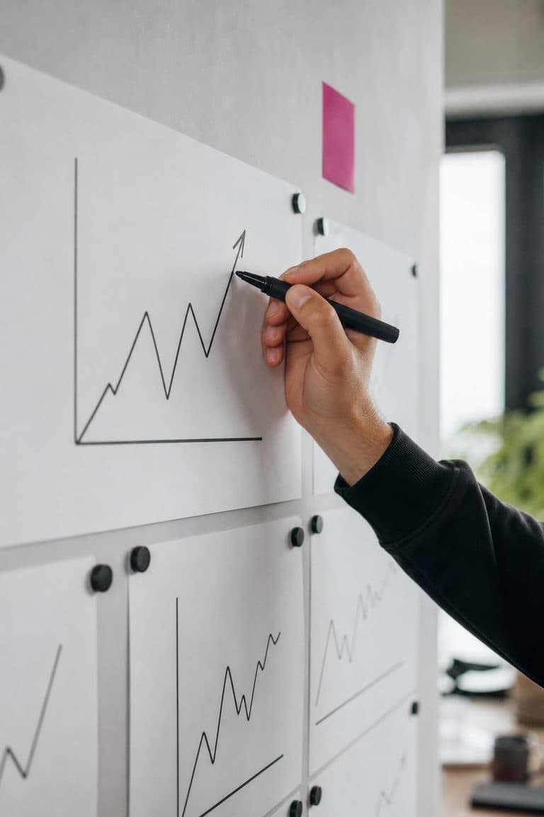 Ausgedruckte Liniendiagramme an der Wand, eine Hand zeichnet einen Pfeil