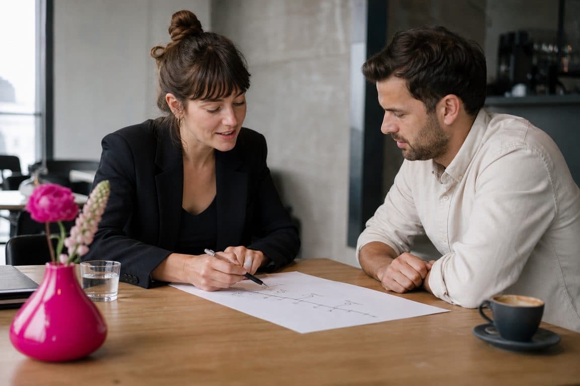 Beraterin erklärt einer Restaurantbesitzerin einen skizzierten Zeitplan