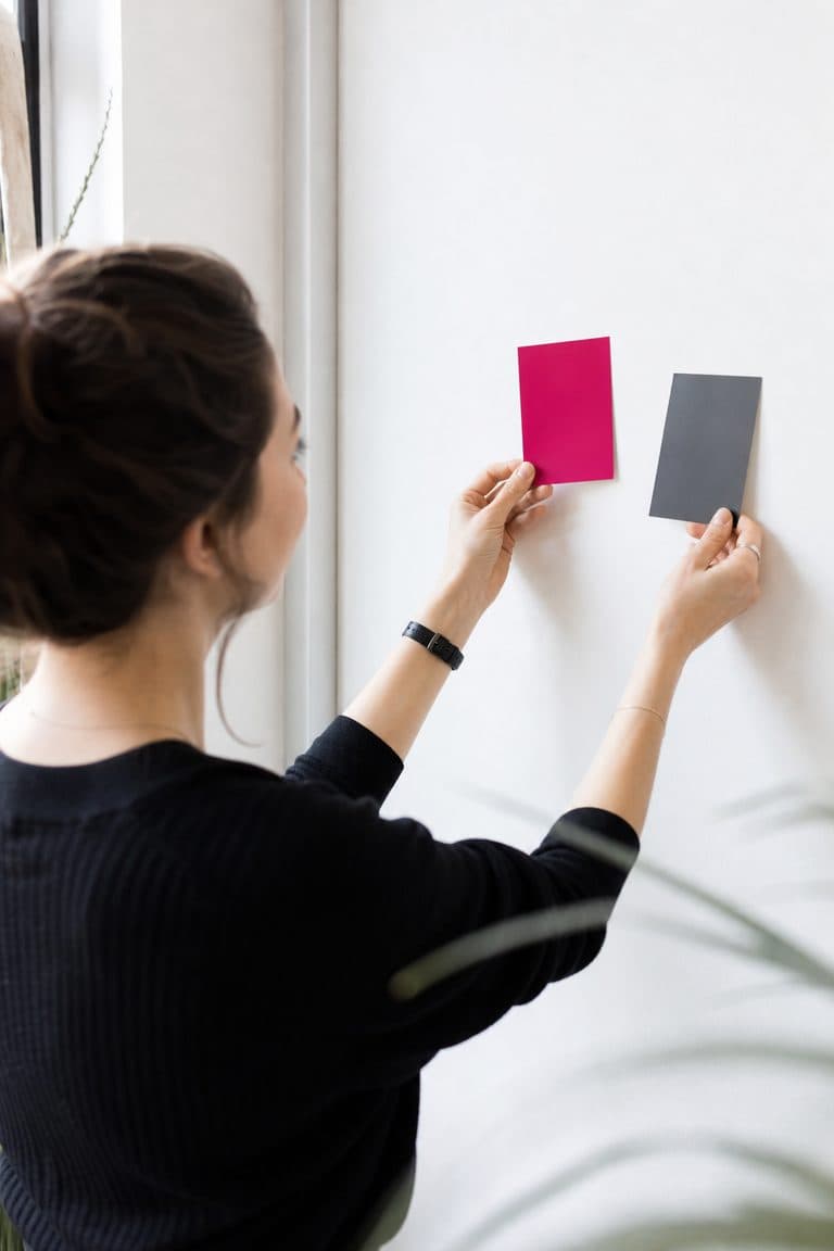 Designerin hält zwei Farbkarten vergleichend an eine weiße Wand