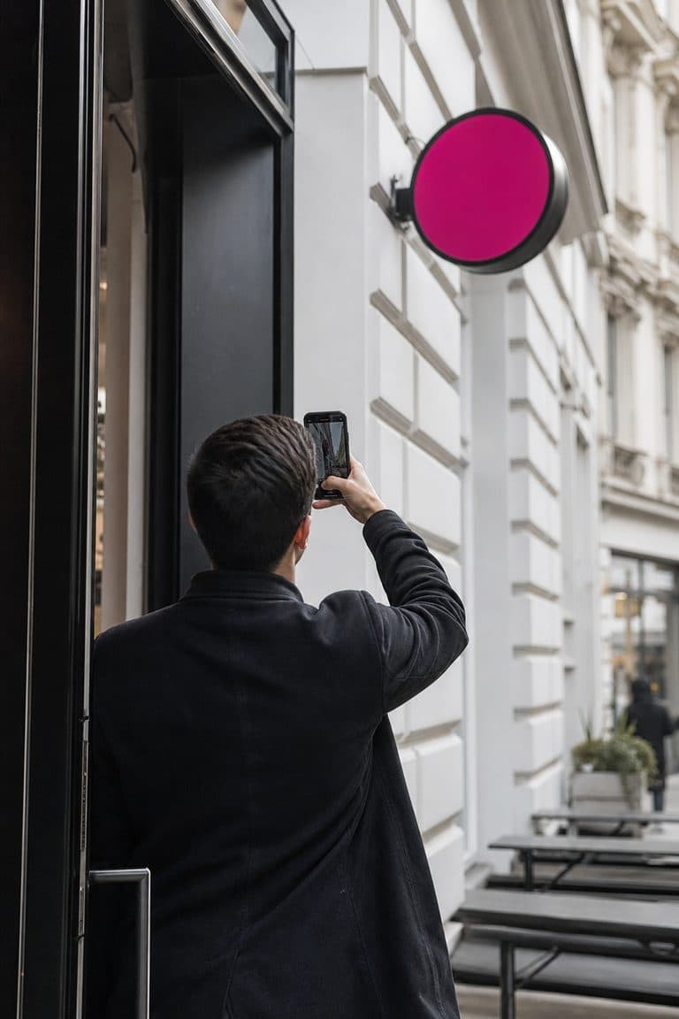 Mann filmt im Ladeneingang mit dem Handy sein Ladenschild