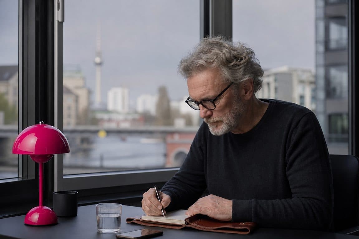 Mann um die sechzig schreibt in ein Notizbuch mit Blick auf die Spree