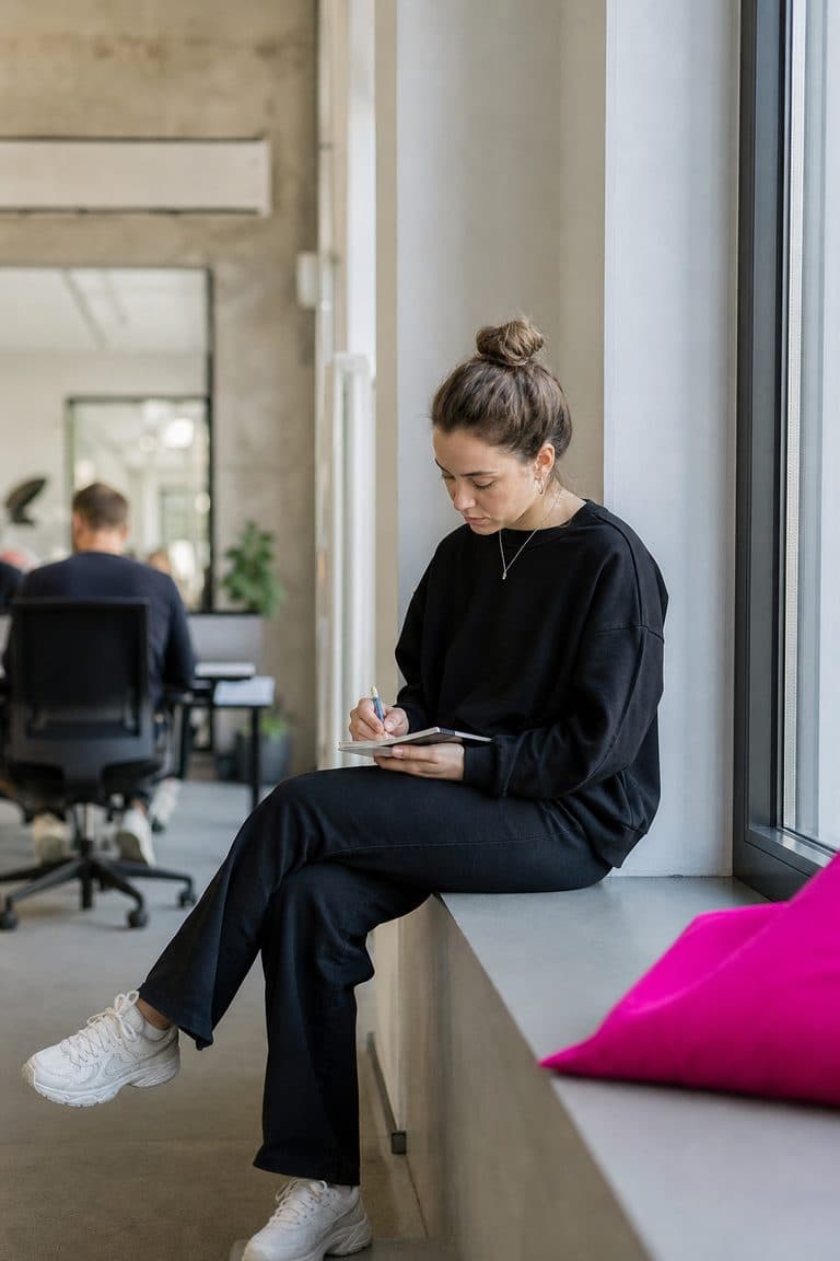 Unternehmerin sitzt am Fenster und notiert Ideen für einen Beitrag