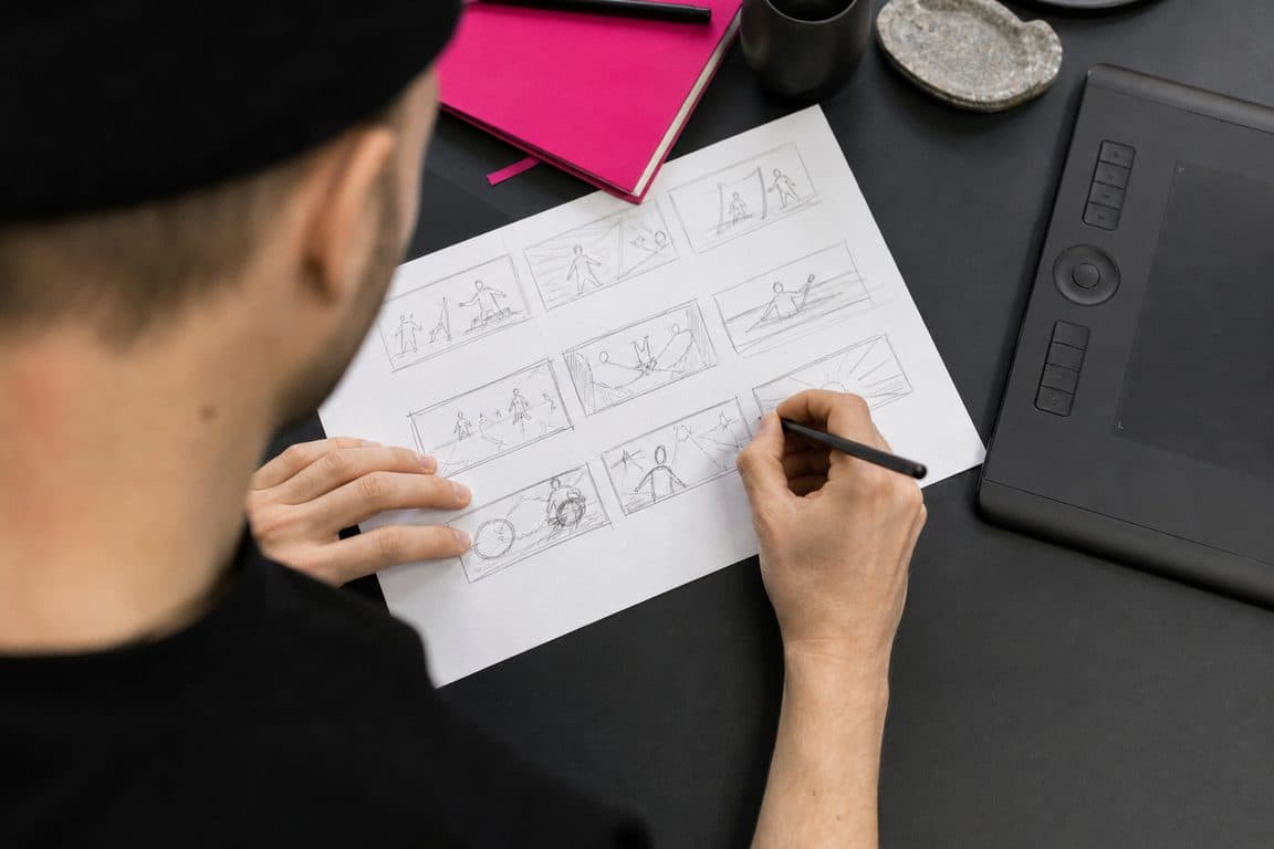 Motion-Designer skizziert Storyboard-Bilder mit Bleistift neben einem Grafiktablett