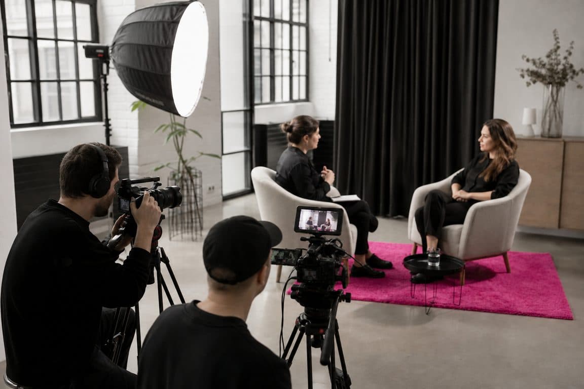 Kleines Team filmt ein langes Interview in einem Loft mit zwei Kameras