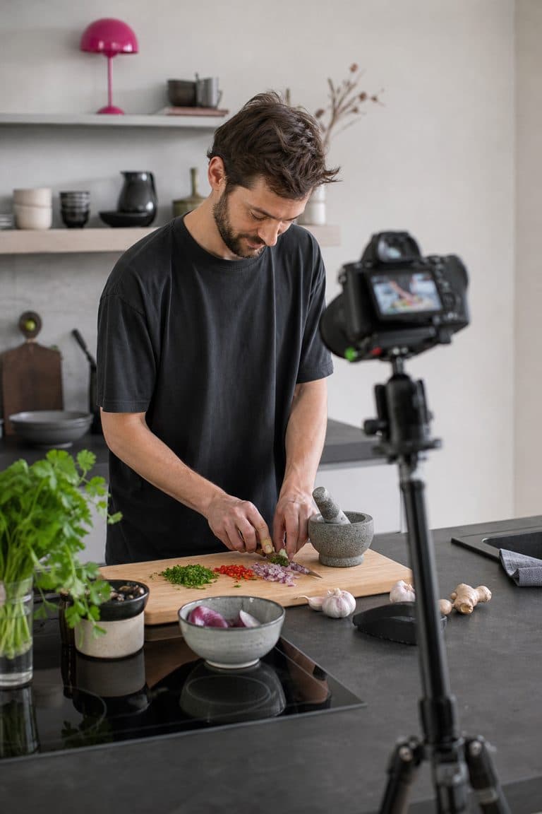 Köchin filmt ein Rezept von oben in ihrer Küche
