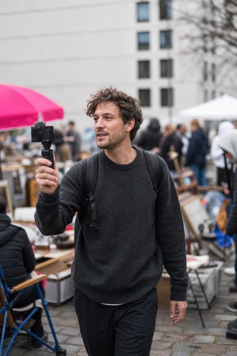 Reisender filmt sich mit kleiner Kamera auf einem Berliner Flohmarkt