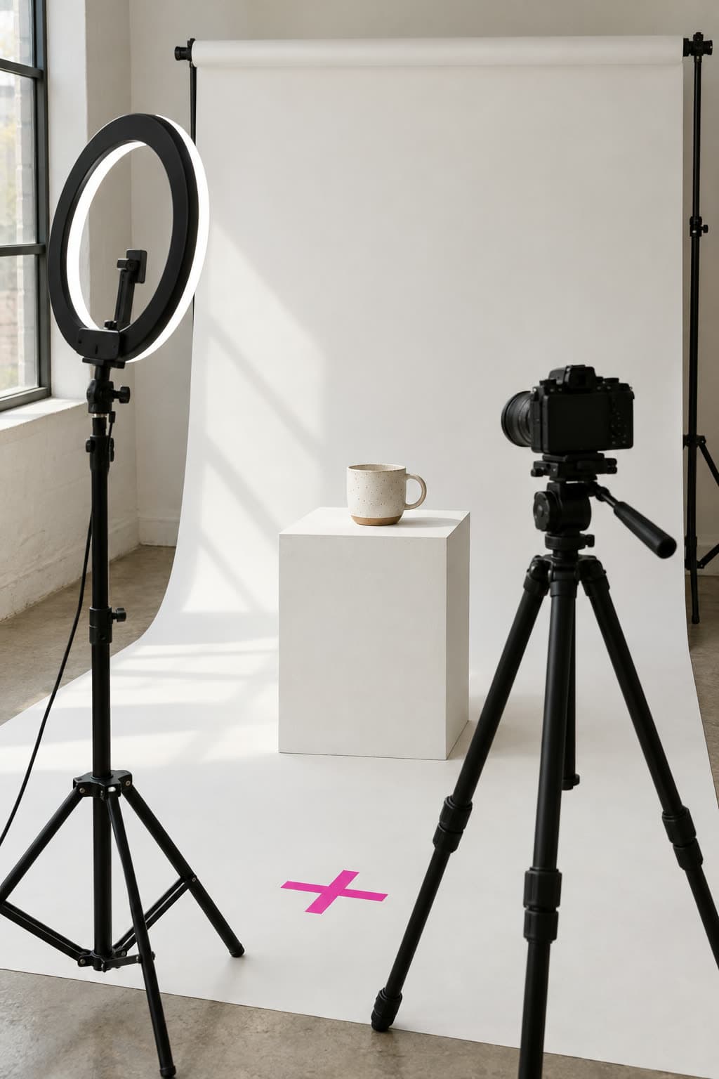 Fotostudio mit Ringlicht, Kamera auf Stativ und einer pinken Markierung am Boden