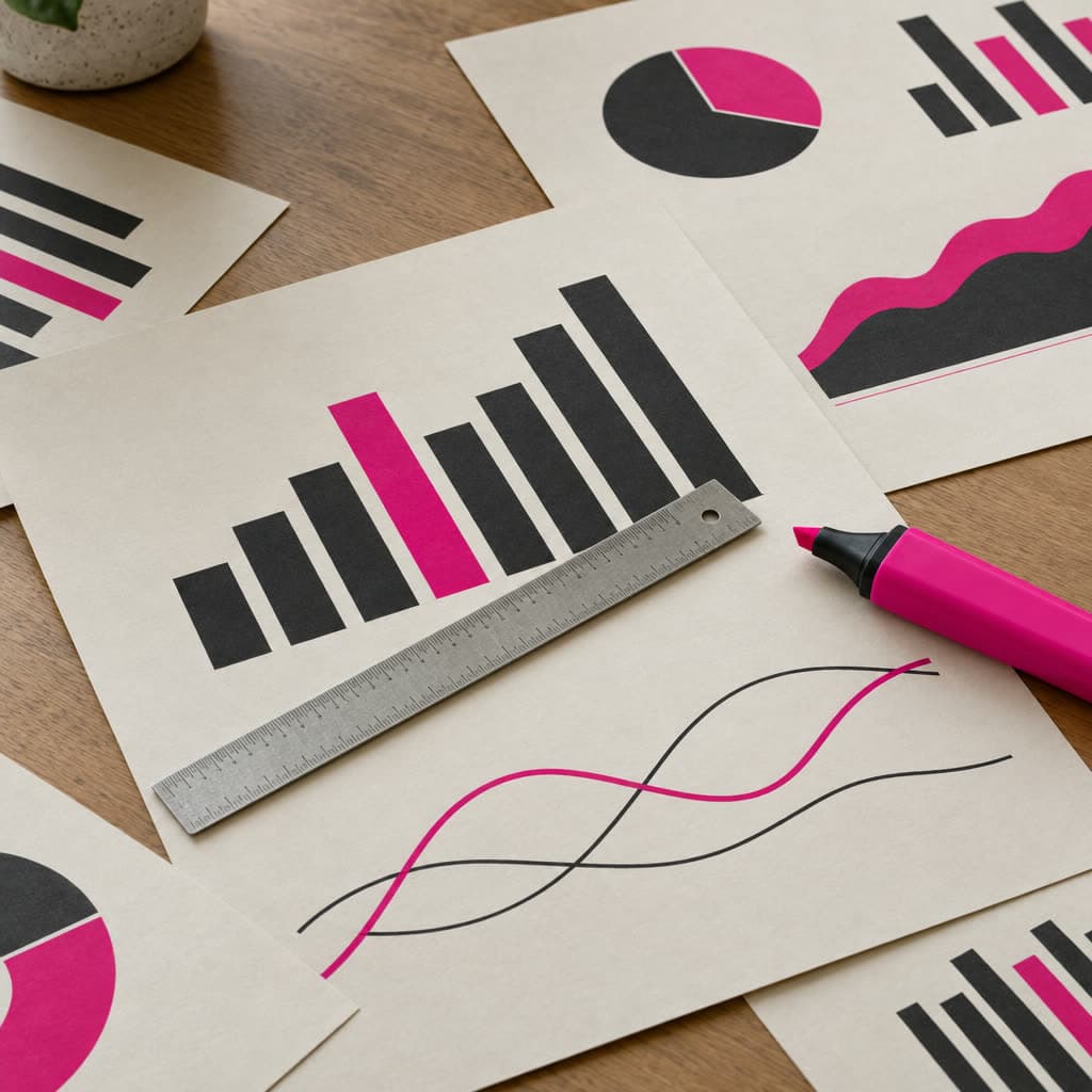 Ausgedruckte Balken- und Kreisdiagramme mit Lineal und pinkem Textmarker