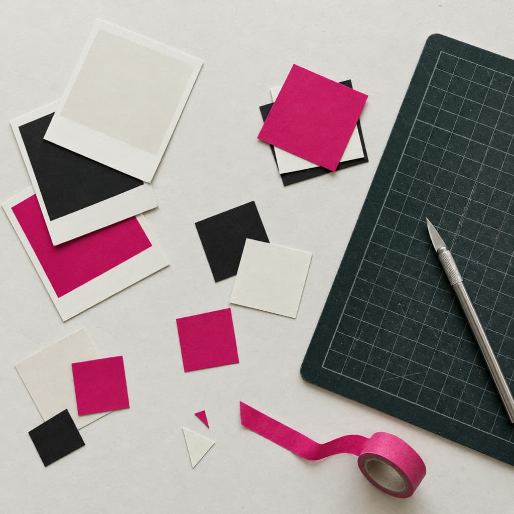 Papierformen in Pink, Schwarz und Weiß auf einer Schneidematte, daneben Klebeband