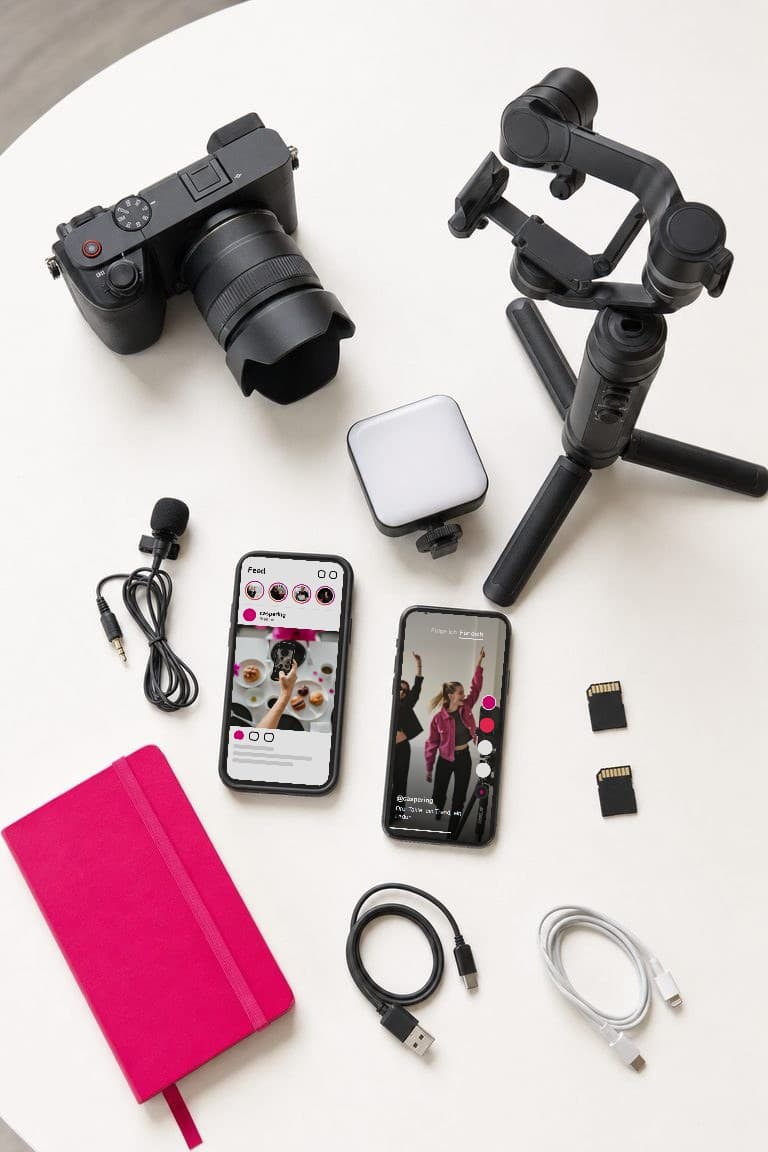 Ausrüstung von oben: Kamera, Gimbal, Mikrofon, Licht und zwei Smartphones, eins zeigt einen Feed-Beitrag, das andere ein Kurzvideo