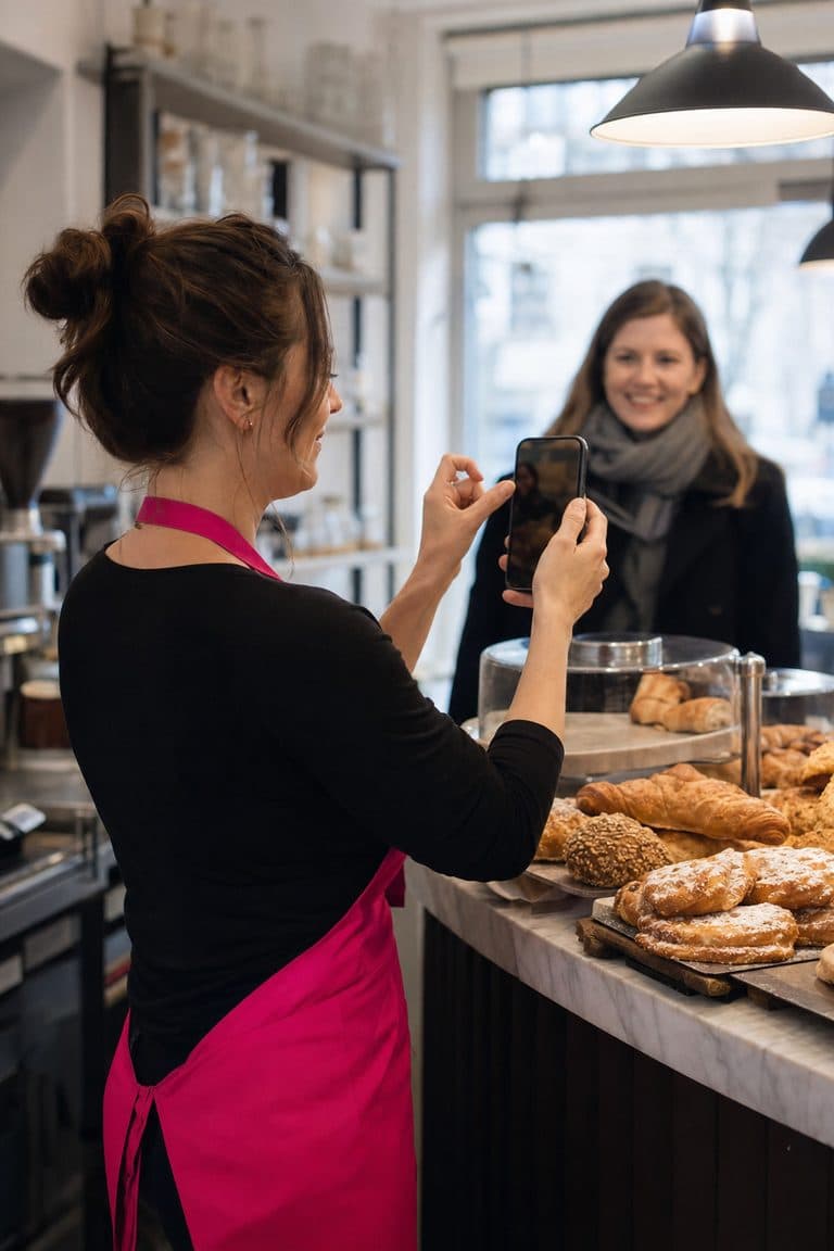Café-Inhaberin filmt ihre Theke mit frischem Gebäck für die Seite ihres Viertels