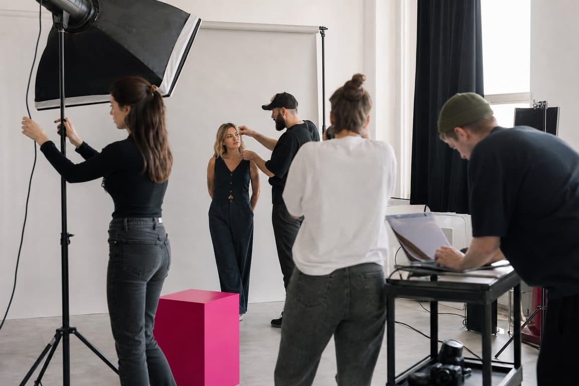 Drehtag in der Agentur: kleines Set mit Hintergrund und Licht