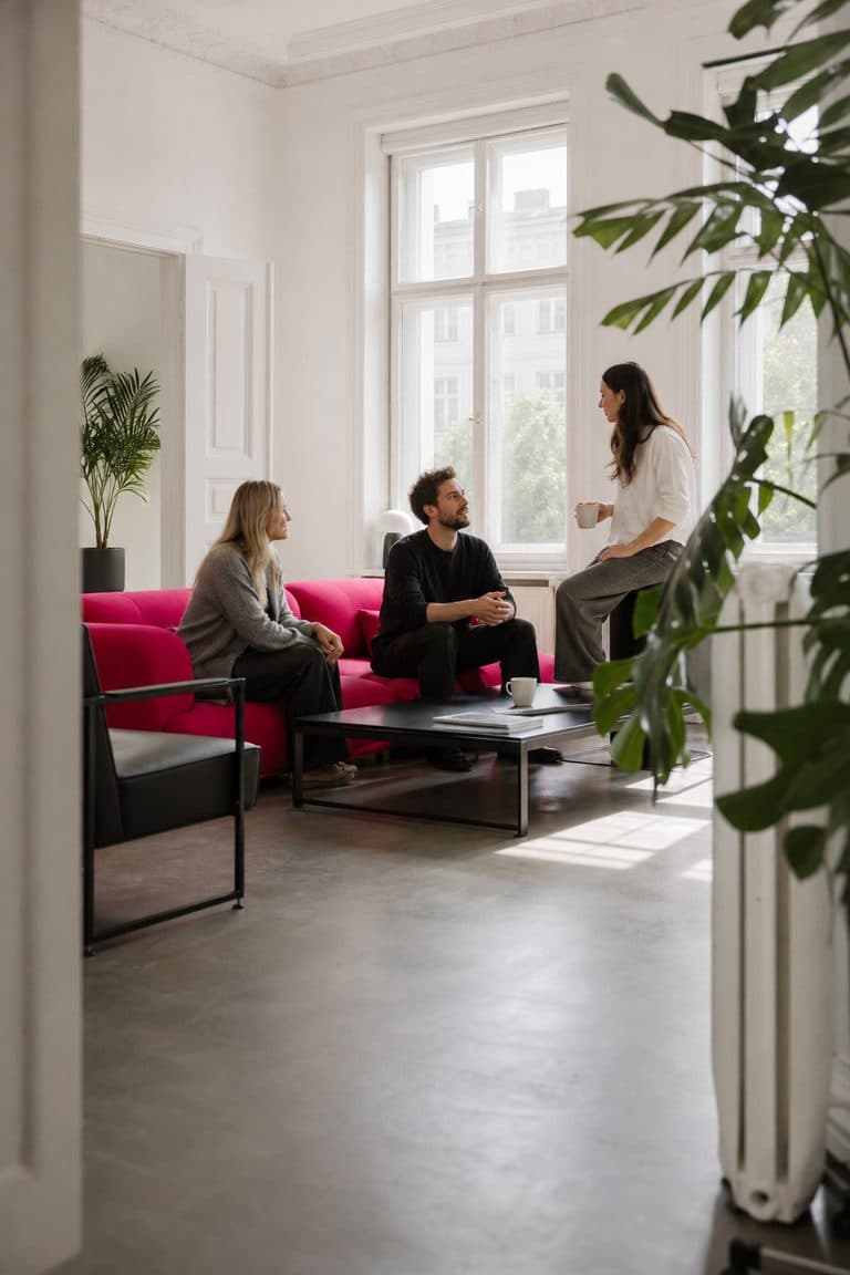 Agenturstudio in einem Berliner Altbau mit pinkem Sofa