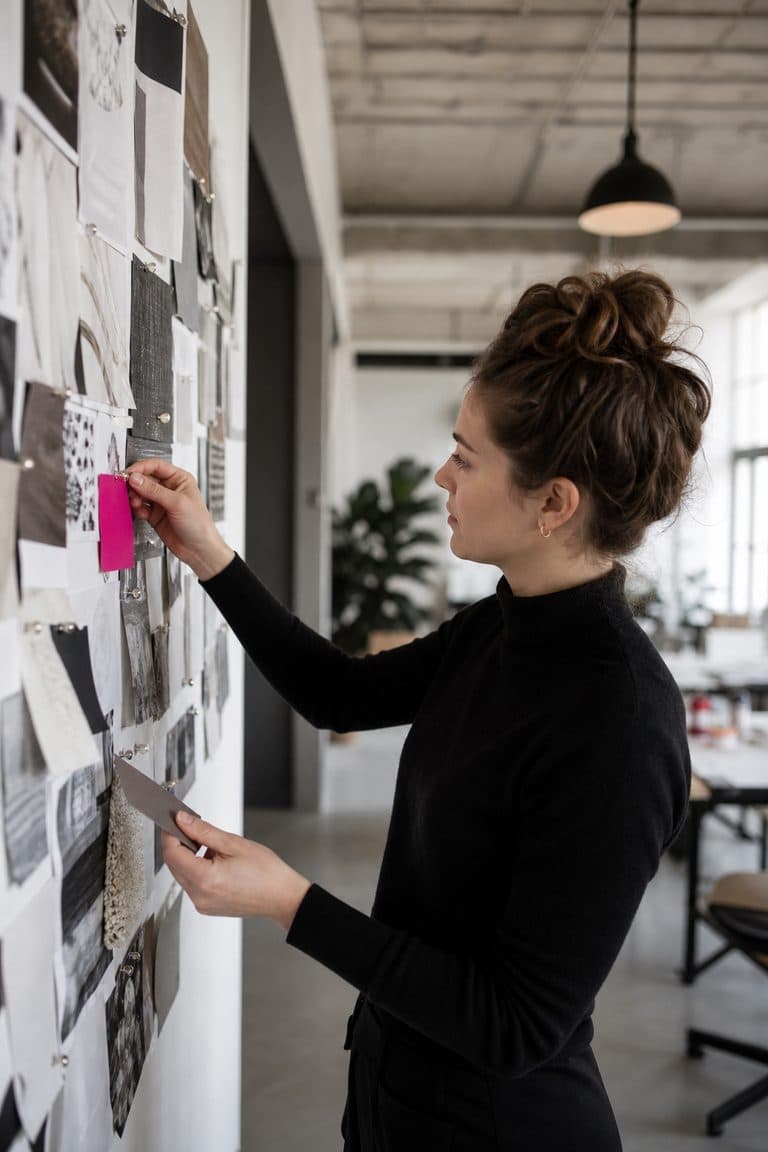 Designerin pinnt Farbmuster an eine Ideenwand