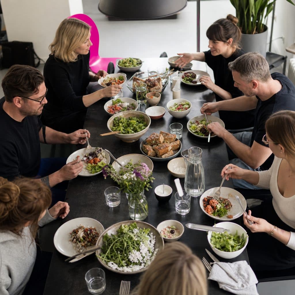 Gemeinsames Teamessen von oben an einem langen Tisch