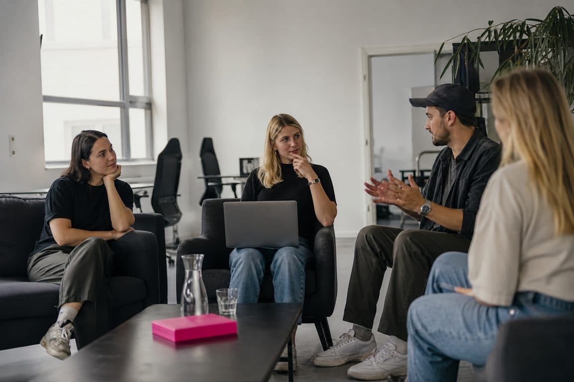 Das Agenturteam in der Wochenplanung auf Sofas und Stühlen