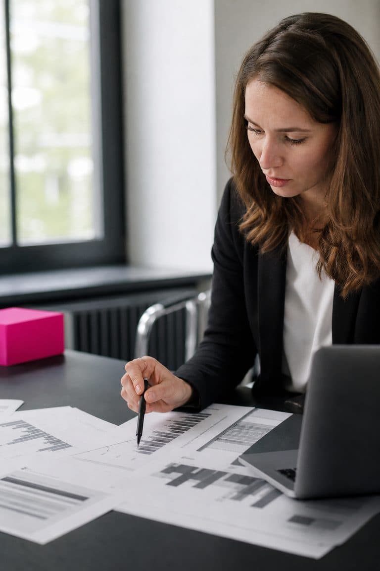 Analyst zeigt mit dem Stift auf ausgedruckte Balkendiagramme neben dem Laptop