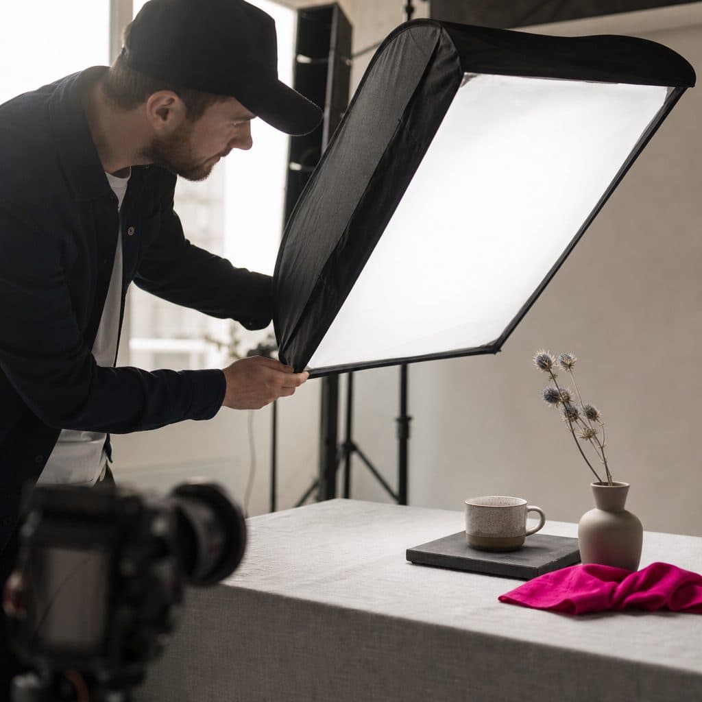 Fotograf richtet eine Softbox über einer Kaffeetasse für ein Produktfoto aus