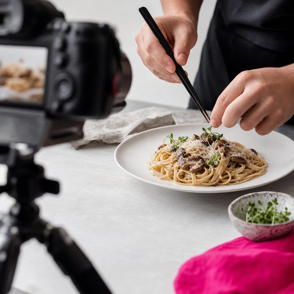 Hände richten einen Teller Pasta für ein Food-Shooting mit der Pinzette an