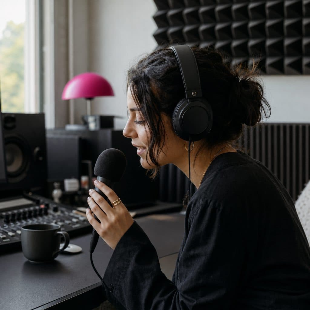 Creatorin spricht im kleinen Heimstudio einen Text ins Mikrofon ein