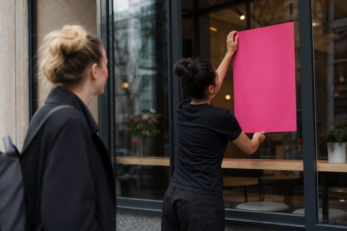 Veranstalterin hängt ein Plakat in ein Café-Fenster