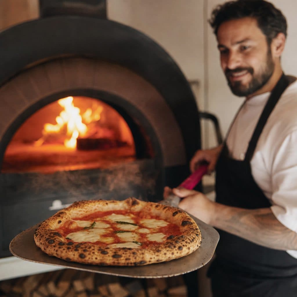 Pizza kommt in einer Familienpizzeria frisch aus dem Holzofen