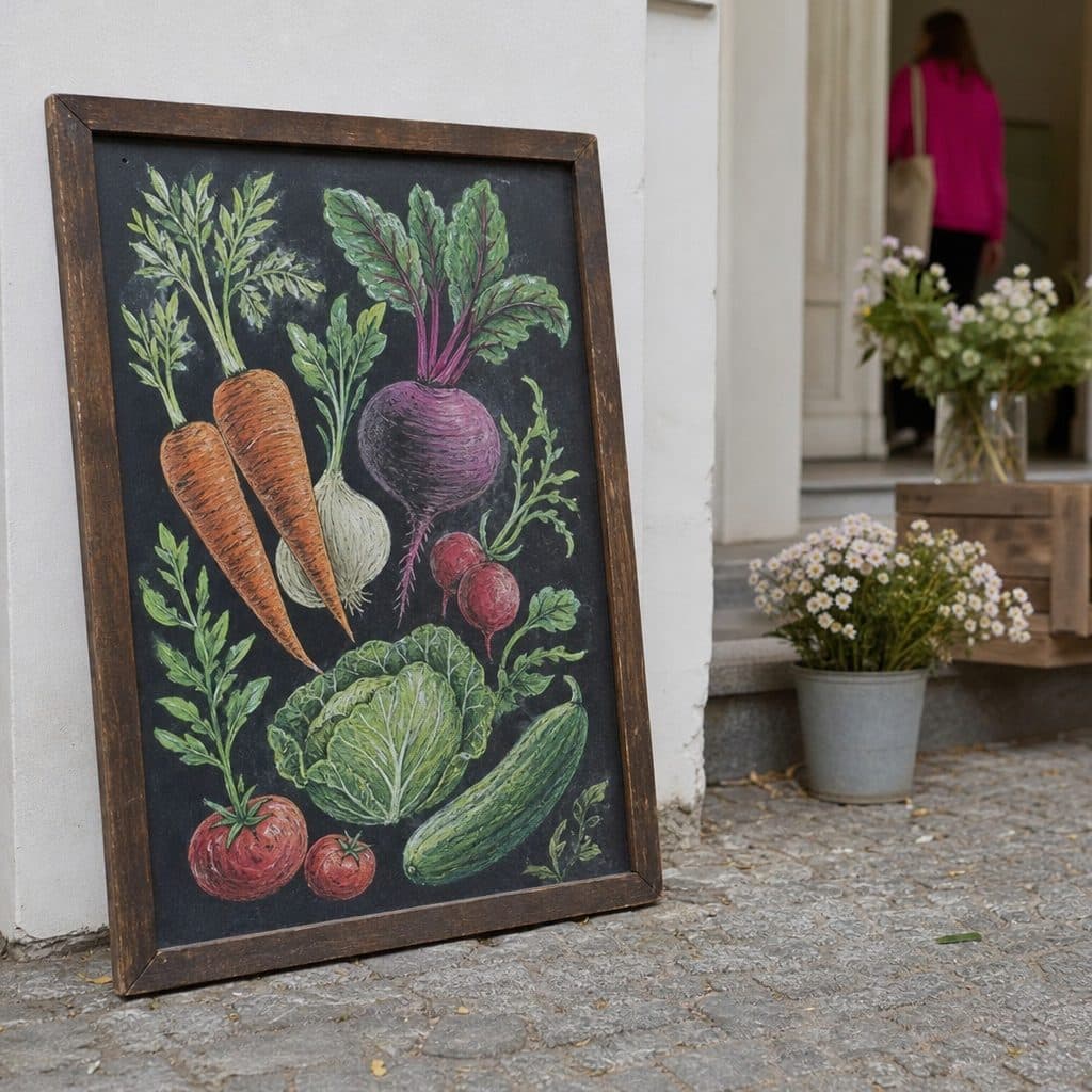Marktstand mit frischem Gemüse und bemalter Tafel