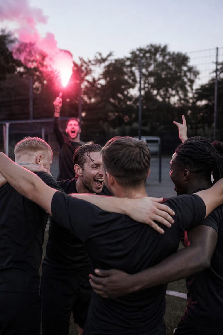 Ein Amateur-Fußballteam jubelt auf einem kleinen Platz in der Dämmerung