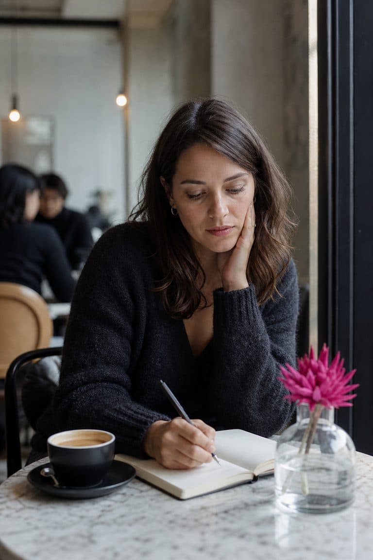 Frau schreibt am Café-Tisch Fragen in ihr Notizbuch