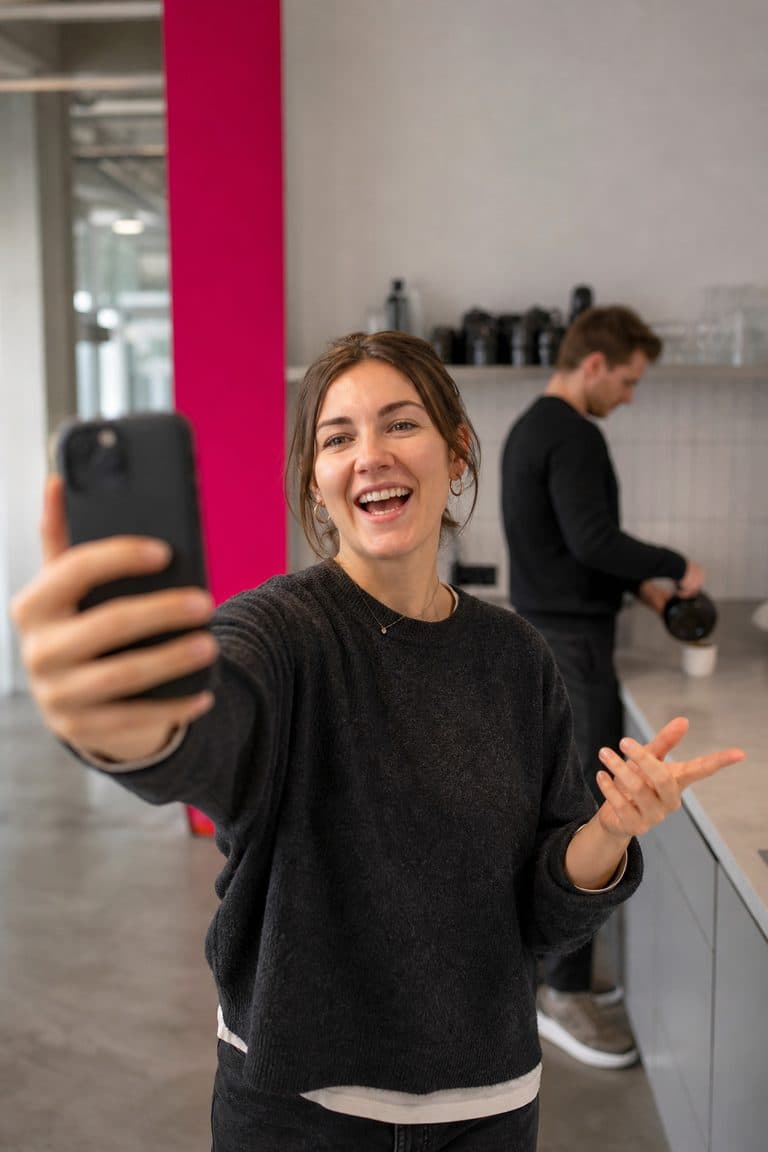 Junge Frau filmt sich lachend mit dem Handy in einer Büroküche