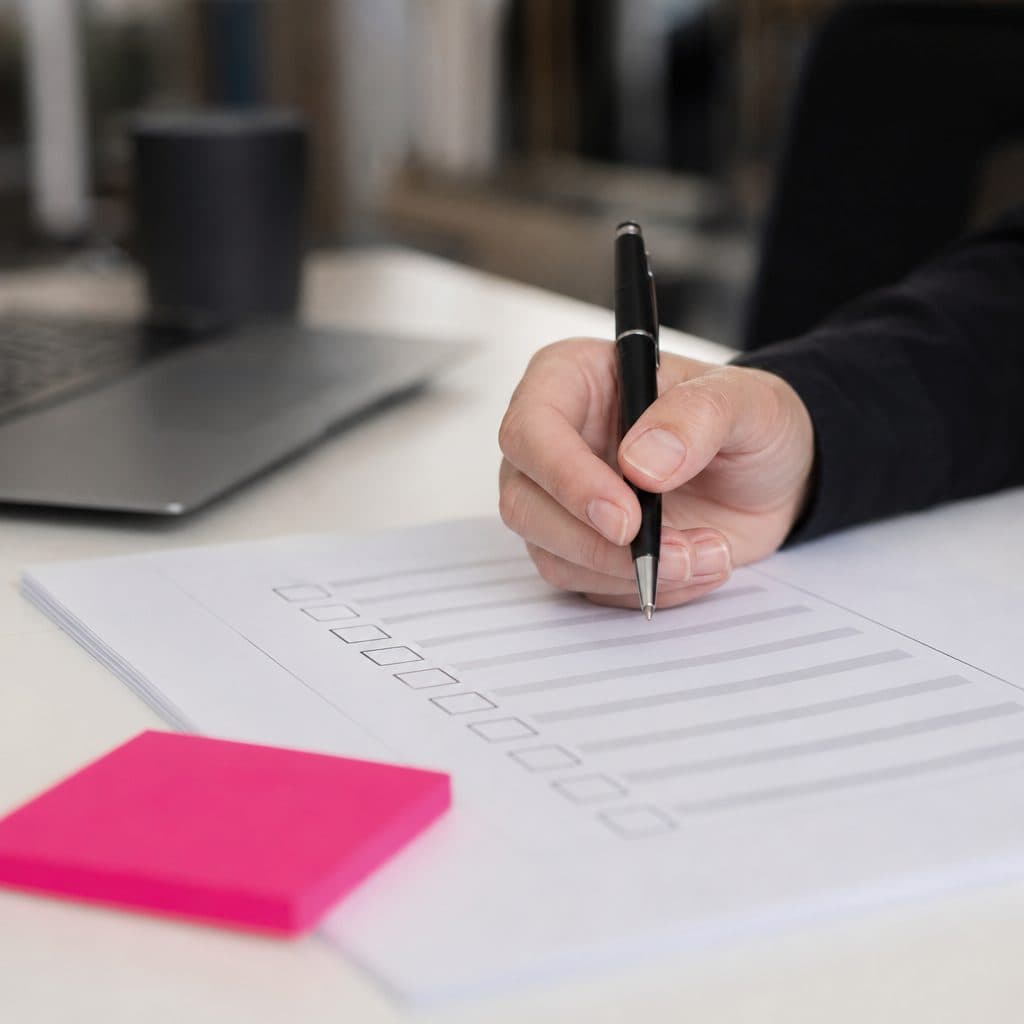 Hand mit Stift über einer ausgedruckten Liste mit Kästchen